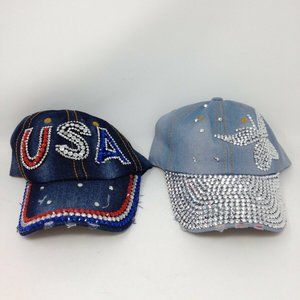 LOT OF 2 WOMEN JEAN BASEBALL CAPS ADJUSTABLE BLING ONE IS BRAND NEW WITH TAGS!